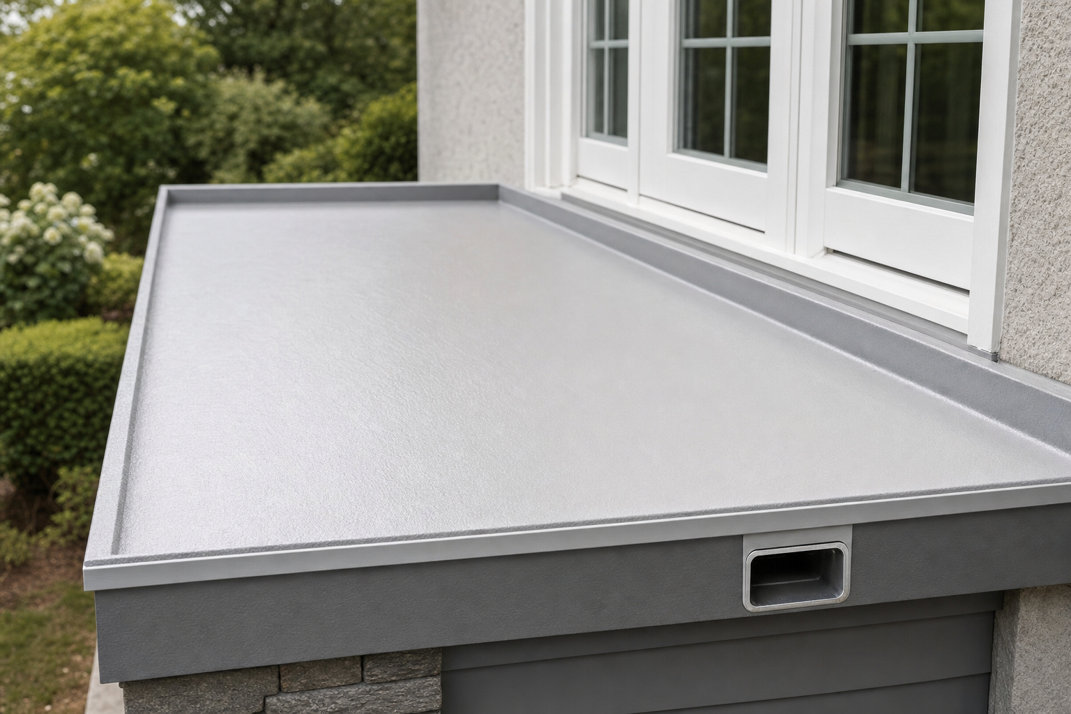 A flat roof extension with a neat grey finish, adjacent to white-framed windows, overlooking a garden.