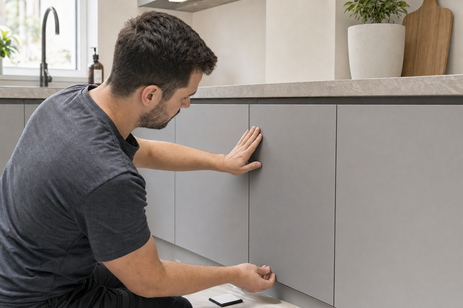 Man adjusting a grey kitchen cabinet door in a modern kitchen setting.