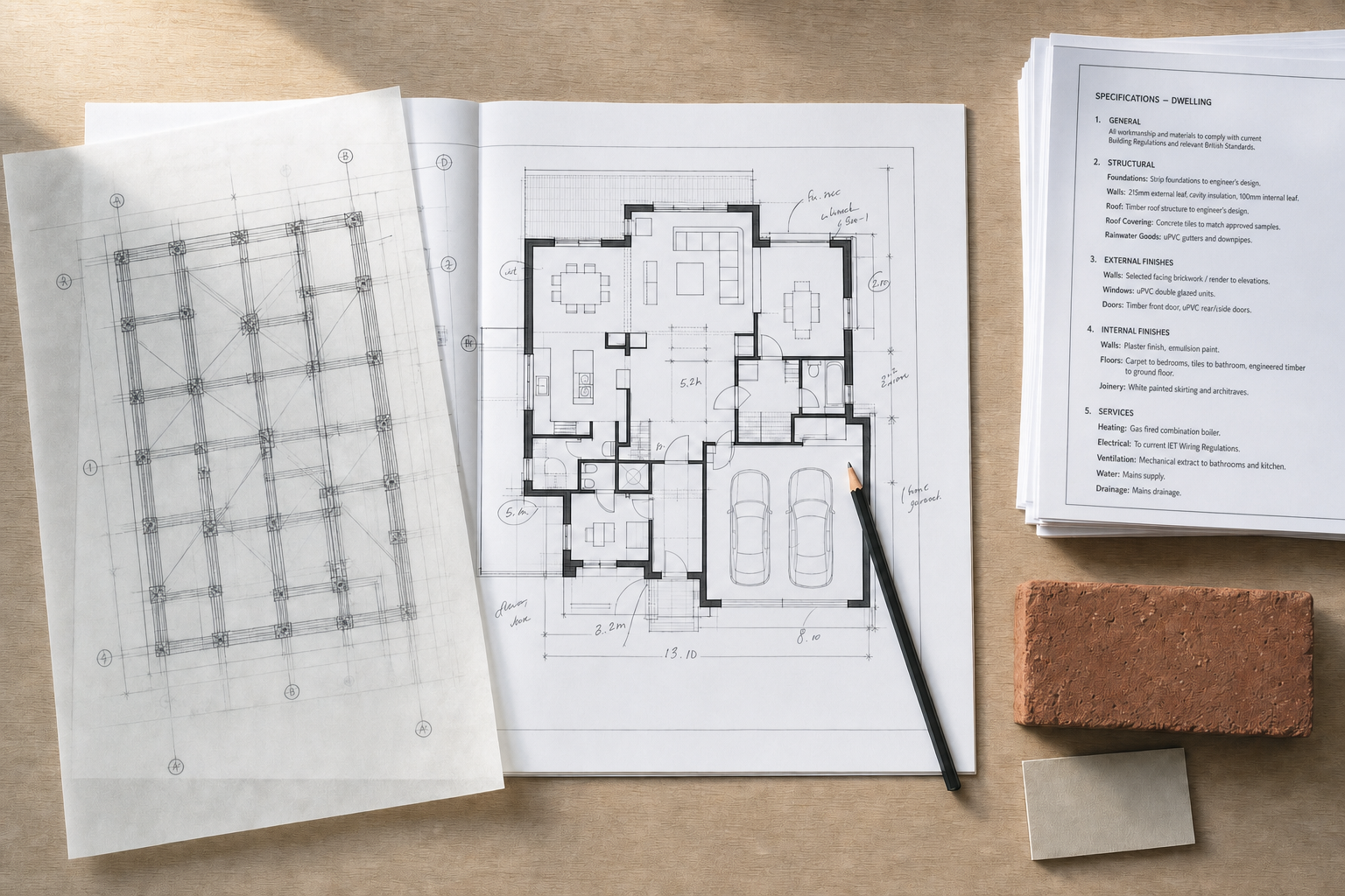 Architectural house plans and specifications on a desk with a pencil, brick, and material sample.