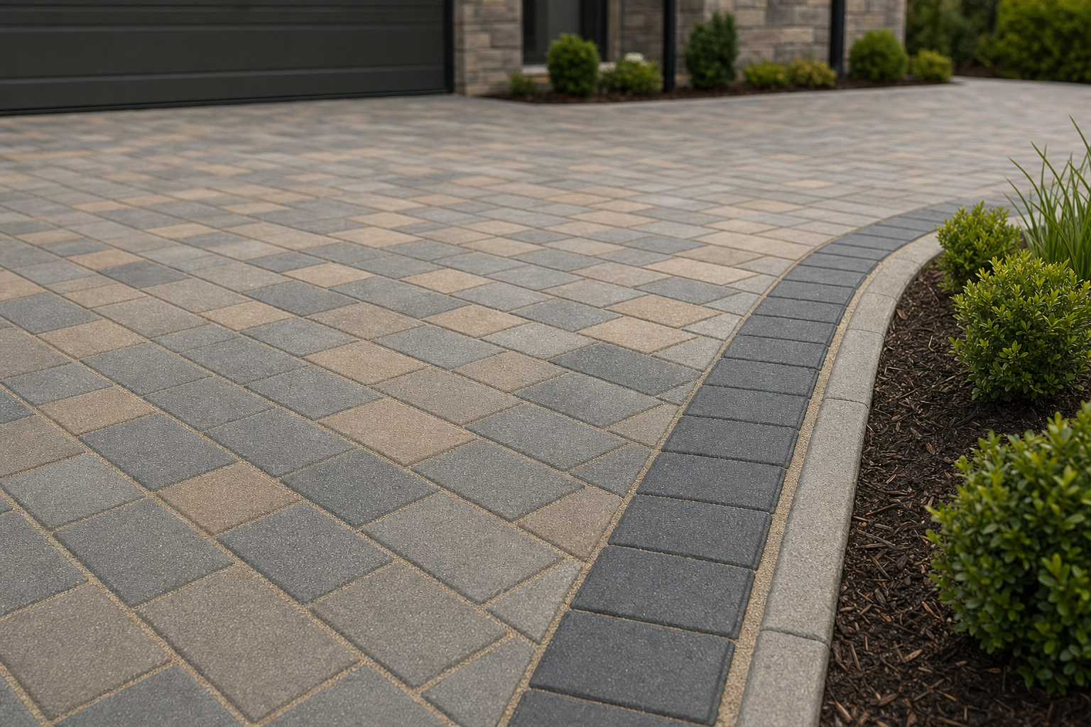 A neatly arranged driveway with interlocking grey and beige paving stones, bordered by small shrubs and a garden bed.