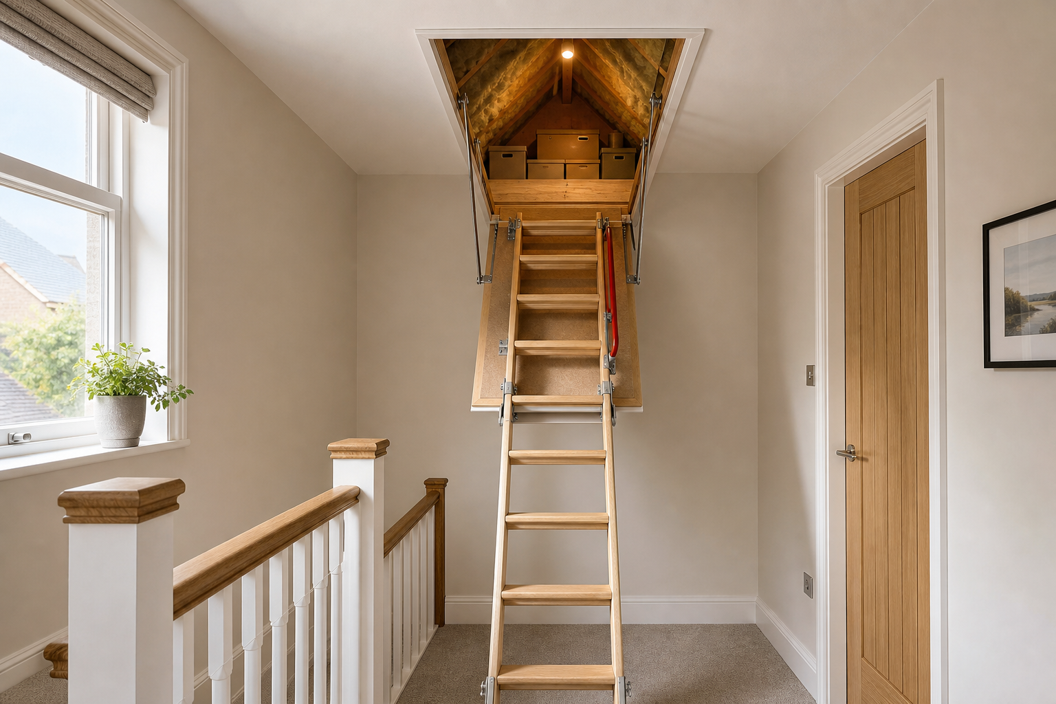 Wooden folding ladder leads to an attic with storage boxes, set in a carpeted landing with a potted plant on the windowsill.