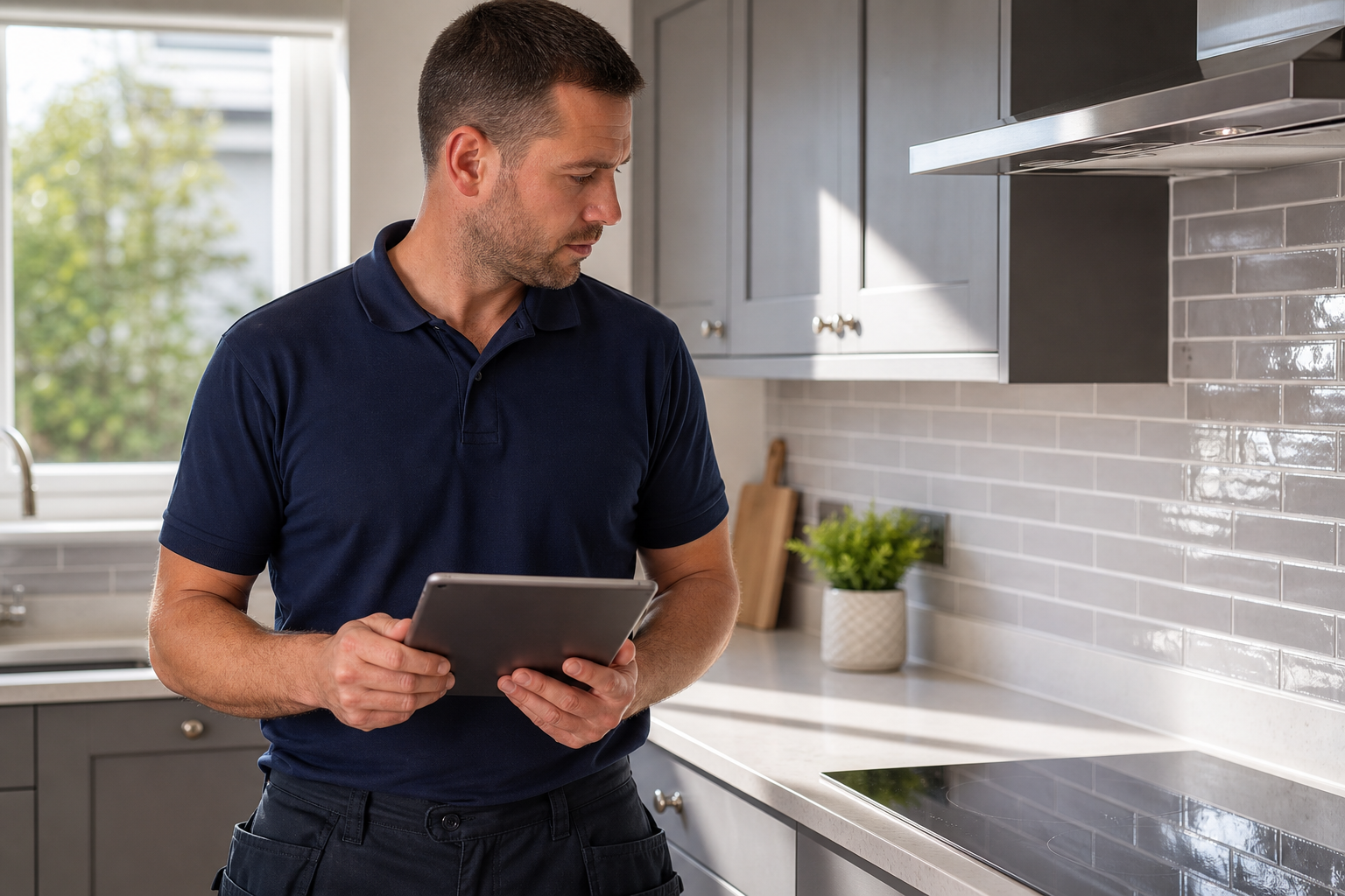 A man in a polo shirt uses a tablet in a modern kitchen beside sleek grey cabinets and a tiled backsplash.