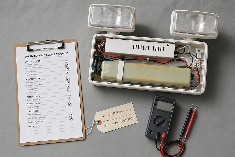 Emergency light service checklist and equipment, including a battery tester and circuit, displayed on a grey surface.