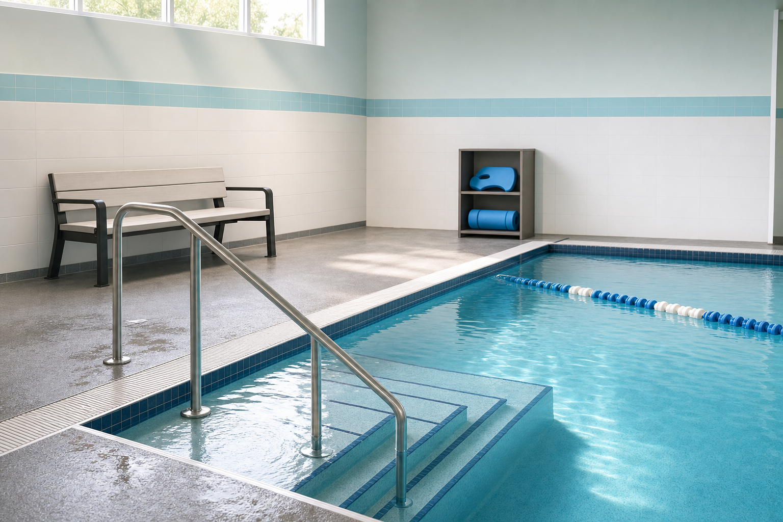 Indoor swimming pool with tiled steps, a bench, and blue exercise mats on shelves.