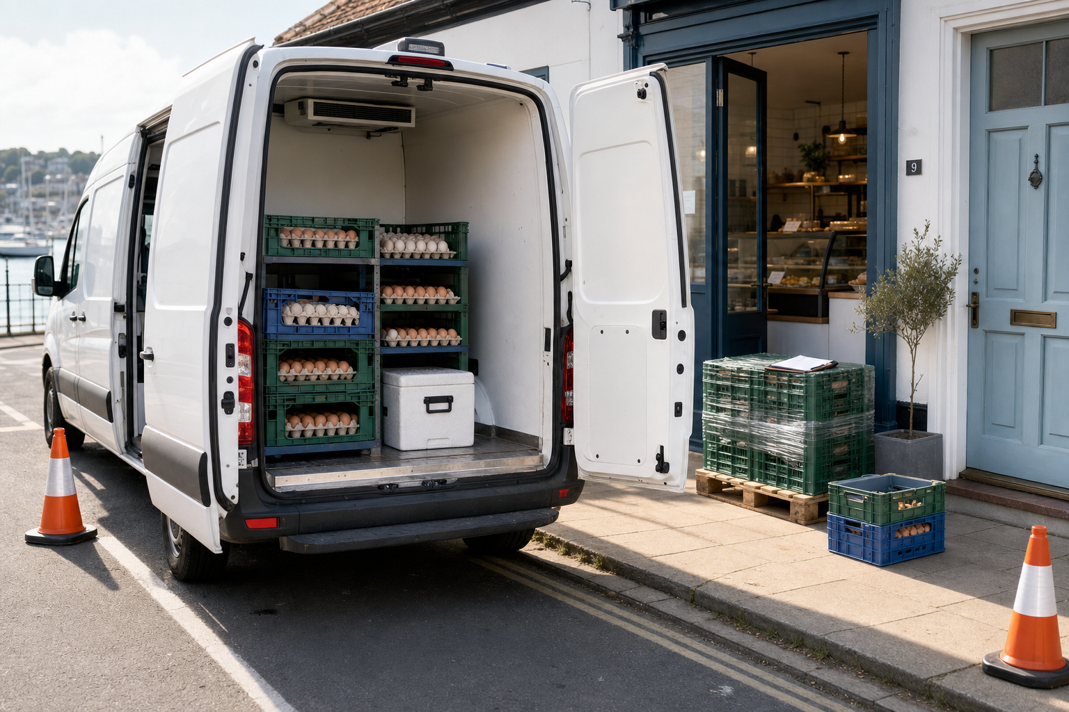 Delivery van with open doors revealing crates of eggs, parked outside a shop with additional crates on the pavement.