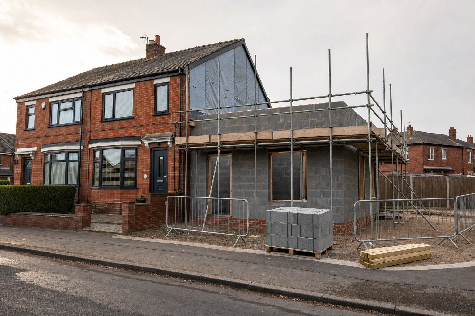 A semi-detached house undergoing extension work with scaffolding and construction materials outside.