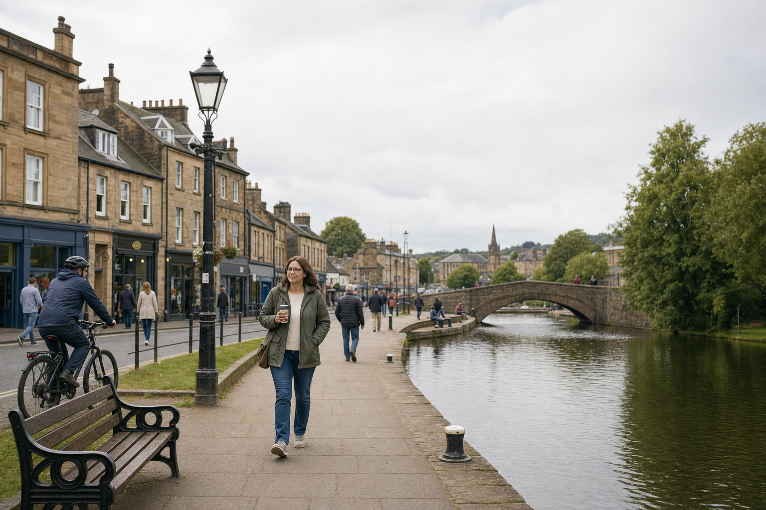 A woman walks by a riverside with a historic bridge and buildings in the background.