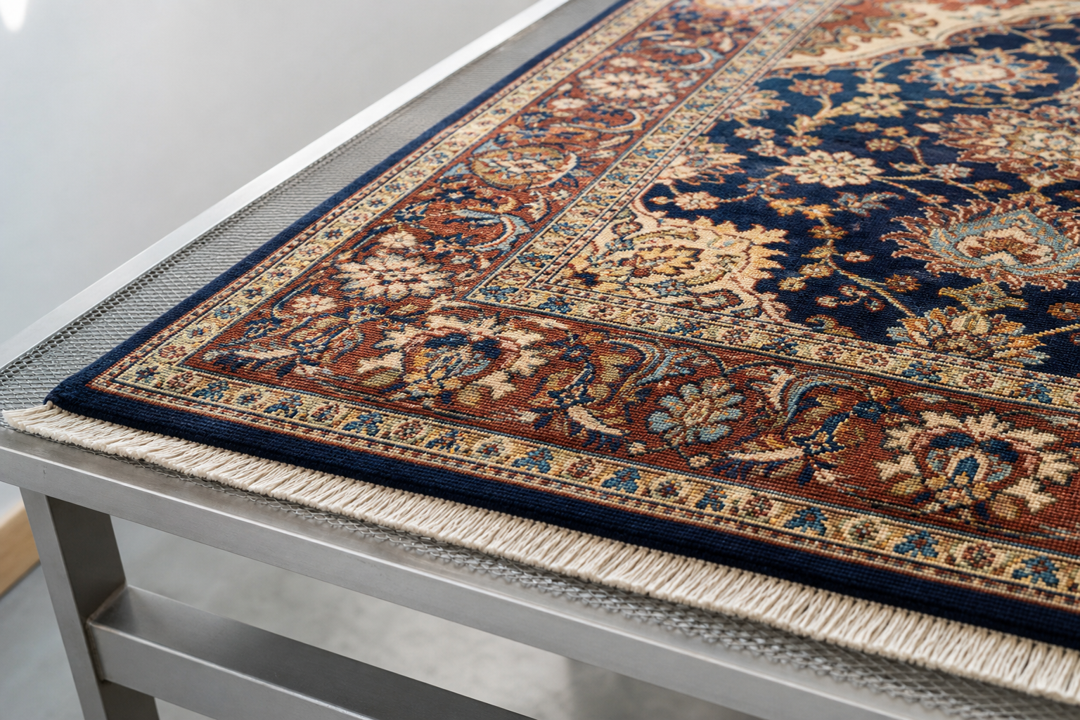 Intricately patterned oriental rug on a metal table with fringe detail.
