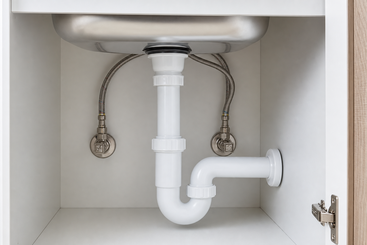 Under-sink plumbing with visible pipes and supply lines in a cabinet.