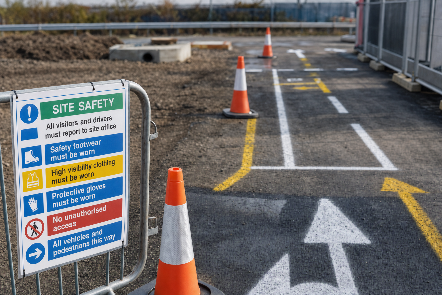 Construction site with safety sign and traffic cones guiding vehicles and pedestrians on a marked path.