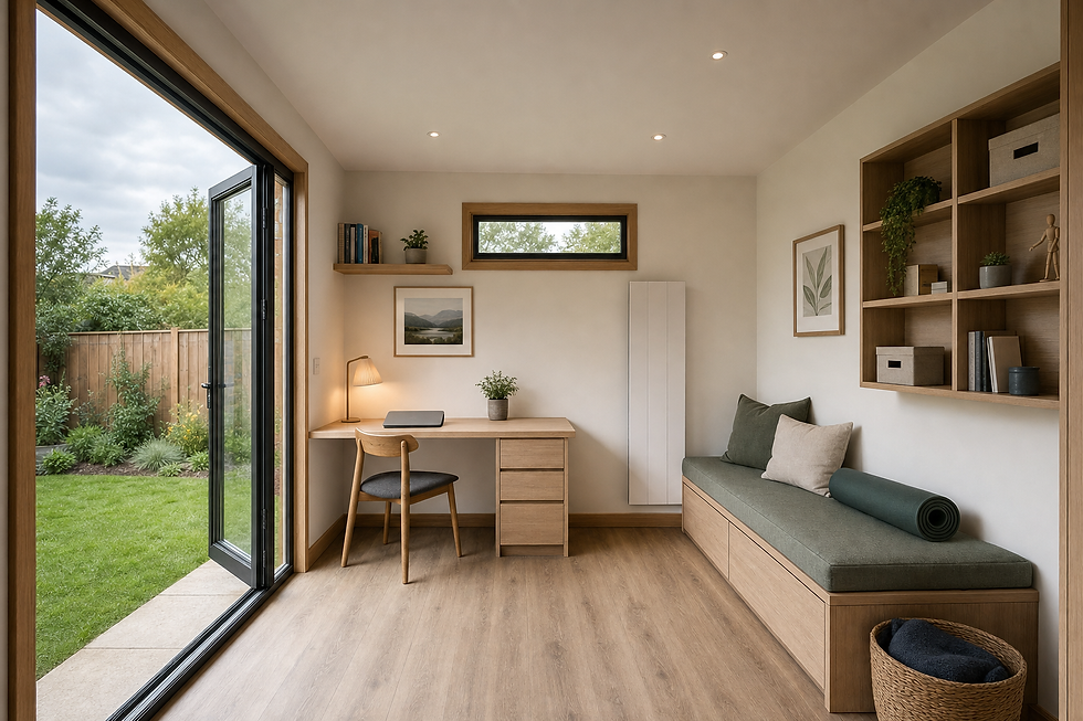 Modern home office with a wooden desk, green sofa, and shelves, overlooking a lush garden through large glass doors.