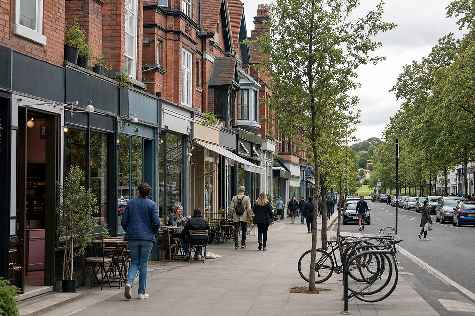 People walk and sit outside cafes along a tree-lined street with parked bicycles and cars.