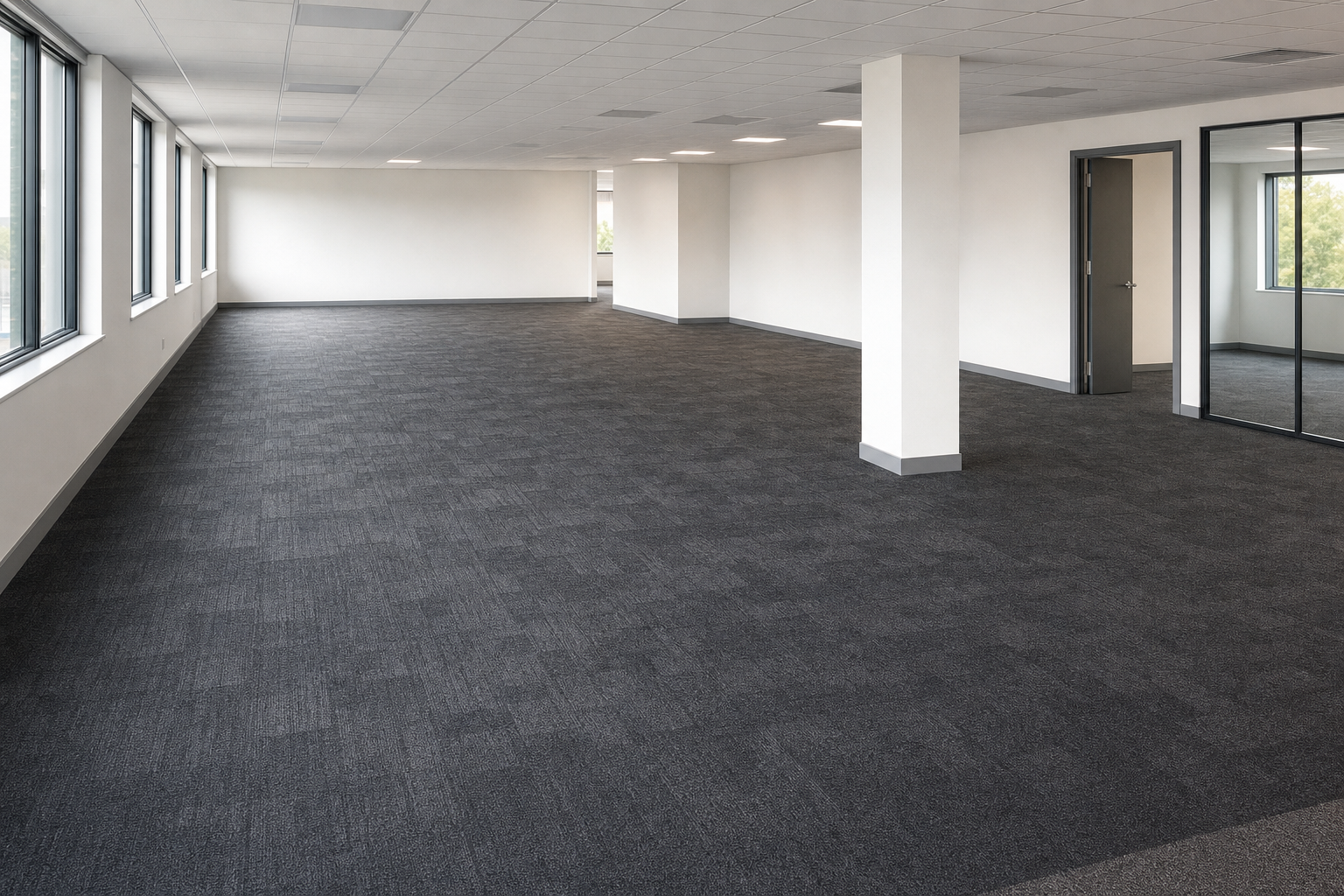 Spacious empty office with grey carpet, white walls, and large windows providing natural light.