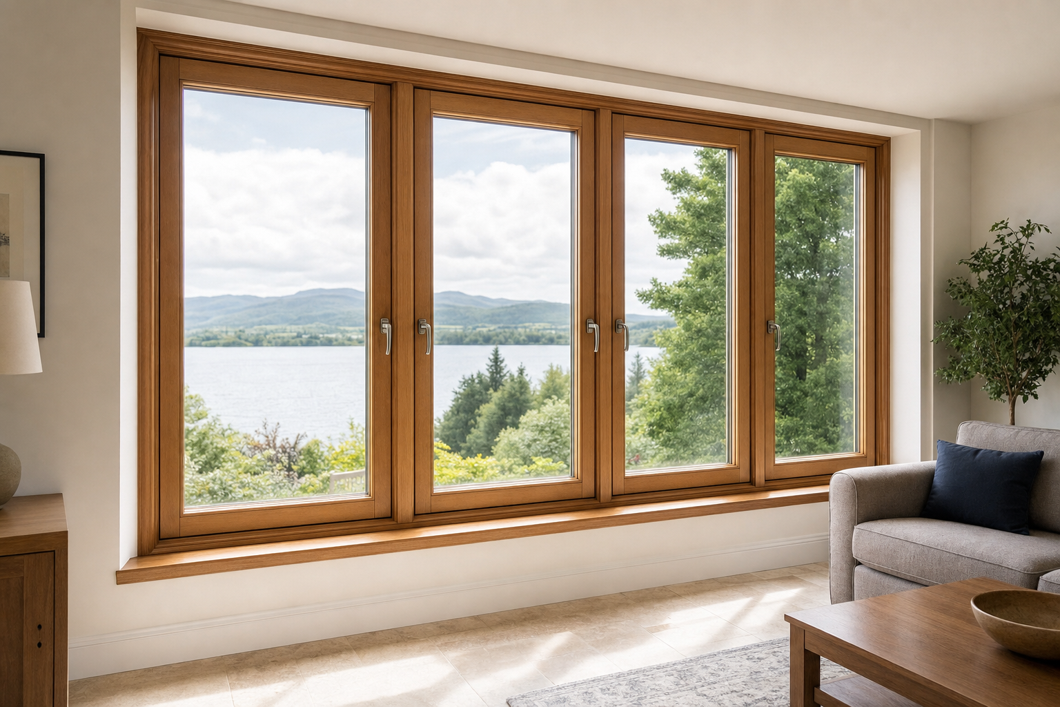 Large wooden-framed windows offer a scenic view of a lake surrounded by trees and distant hills.