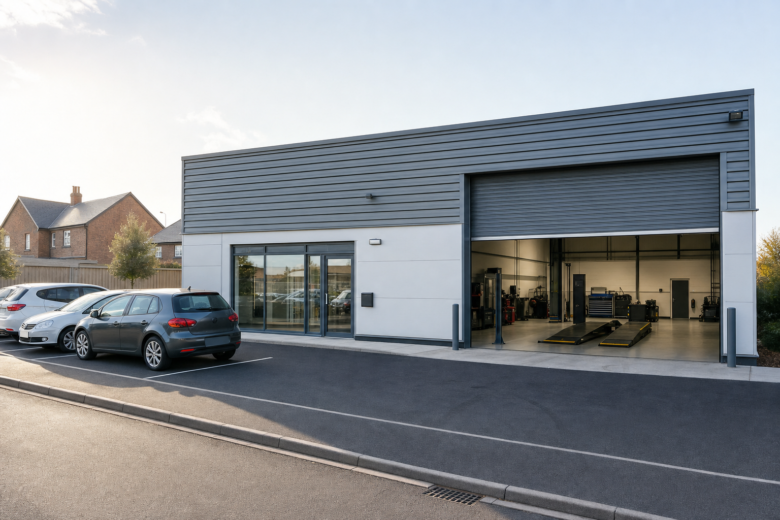 Modern car service garage with large open bay and cars parked outside under a clear sky.