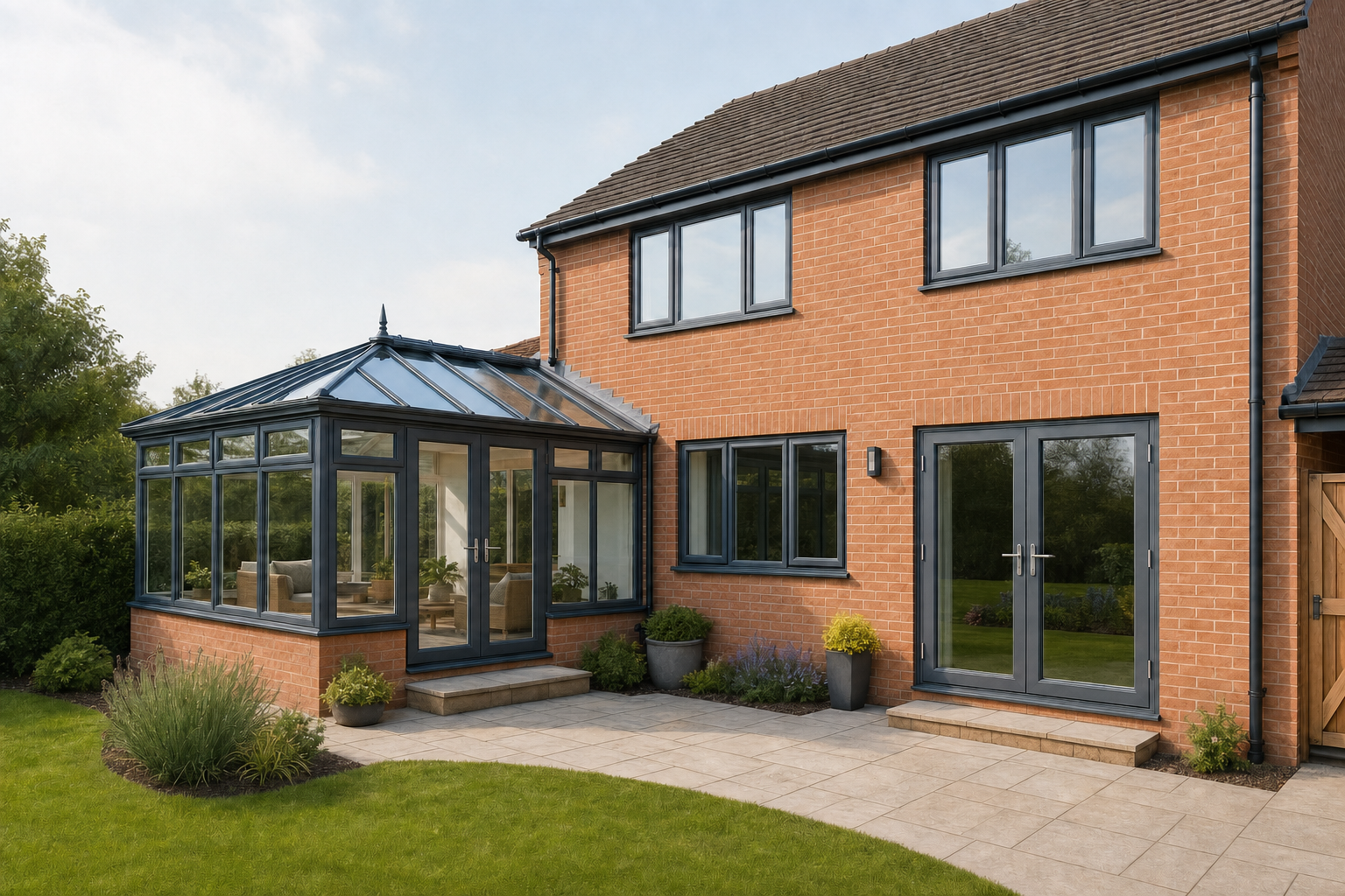 A brick house with a glass conservatory and a landscaped garden under a clear sky.