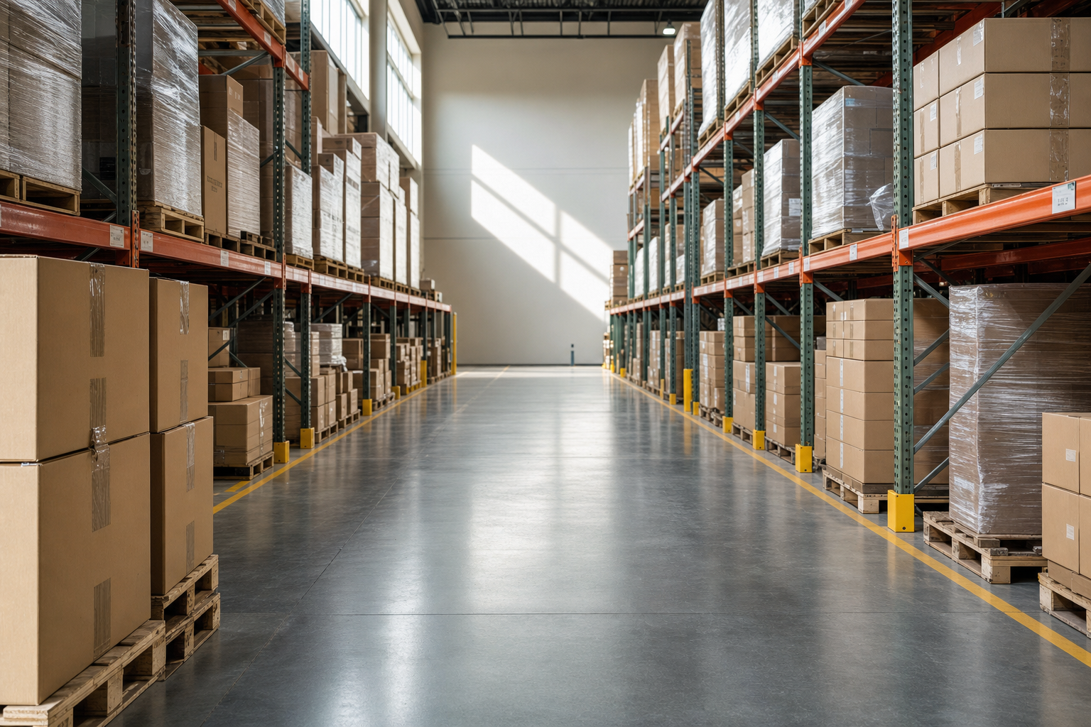 Rows of stacked cardboard boxes on shelves in a spacious, well-lit warehouse aisle.
