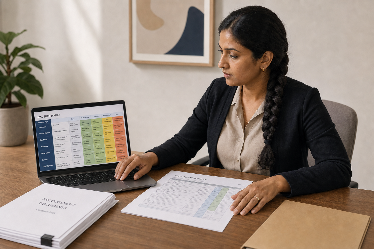 Woman working with a procurement schedule and evidence matrix on a laptop in an office setting.