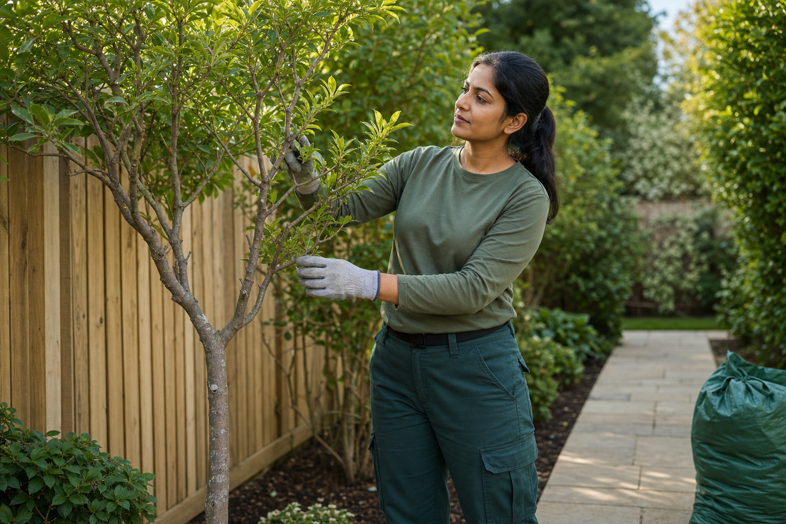 A woman wearing gloves is pruning a tree in a neatly maintained garden.
