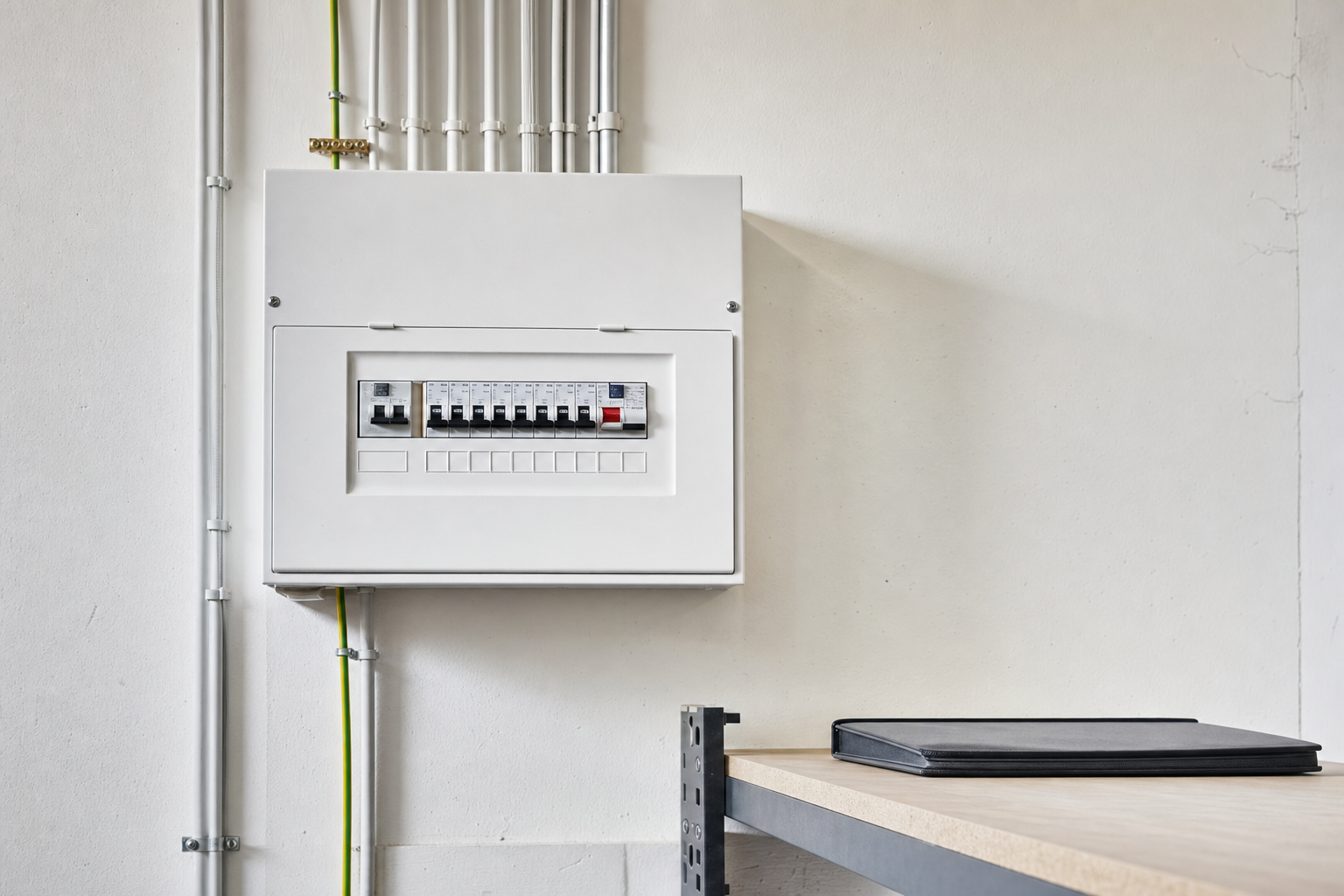 A circuit breaker box mounted on a white wall beside a table with a closed black folder.