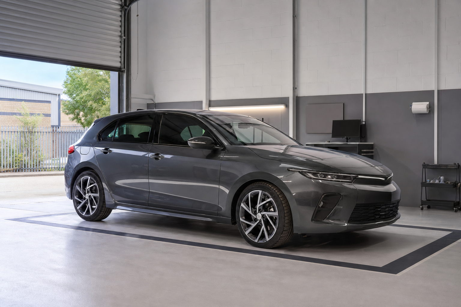 A sleek grey car parked inside a clean and modern garage.