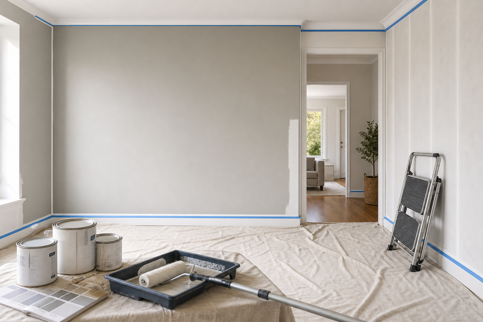 Room being painted with cans, a paint roller, and a stepladder on a drop cloth.