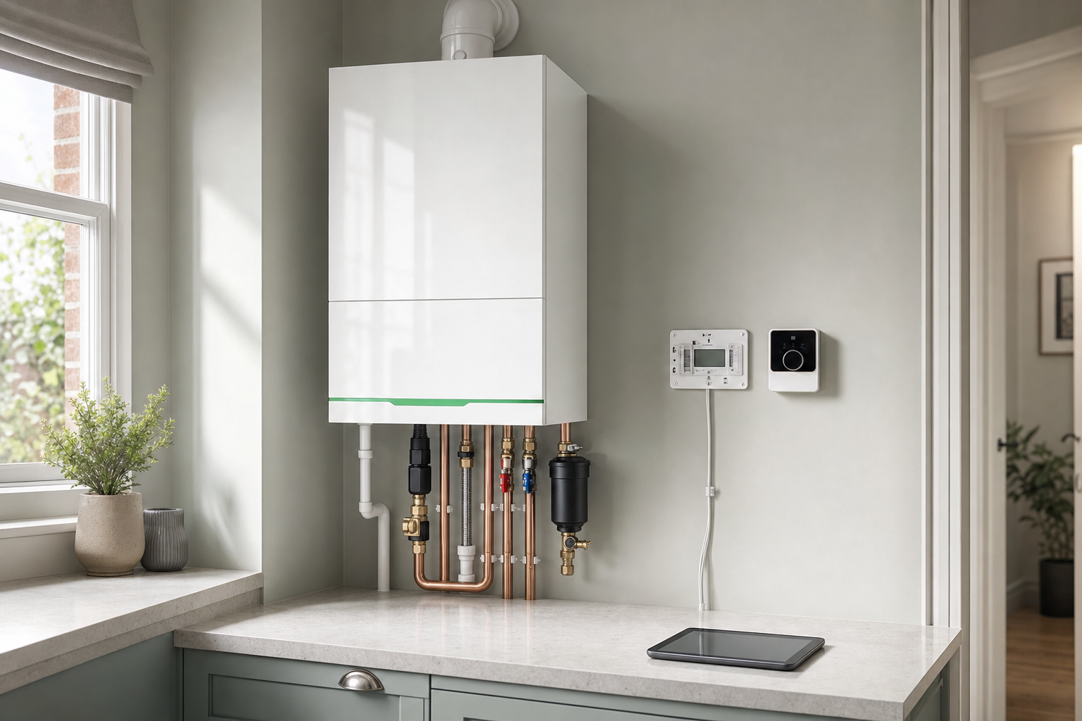 A modern boiler system with visible copper pipes installed in a bright kitchen corner next to a thermostat and tablet.