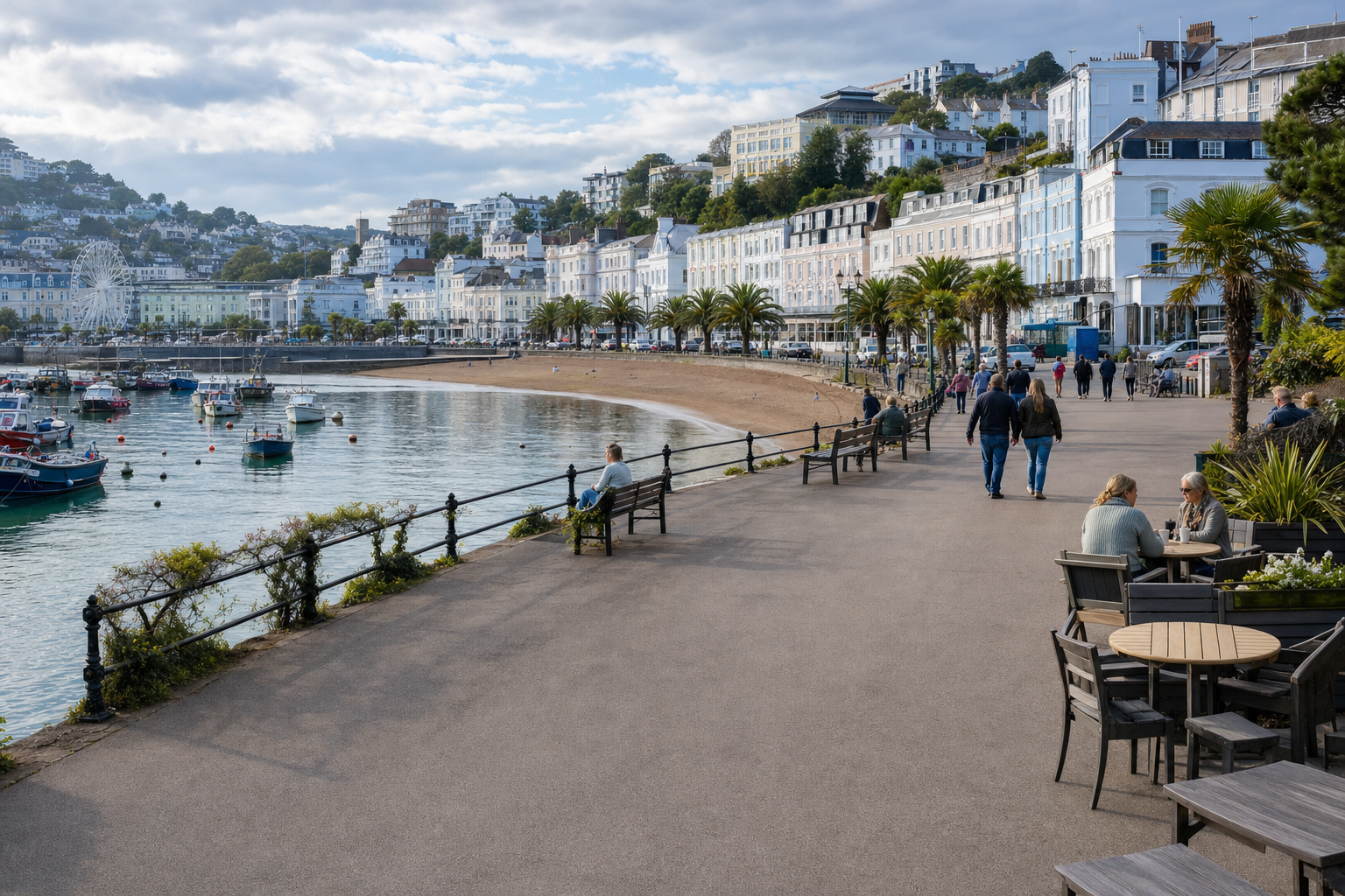 People strolling along a seaside promenade with benches, boats, and a ferris wheel in the background.