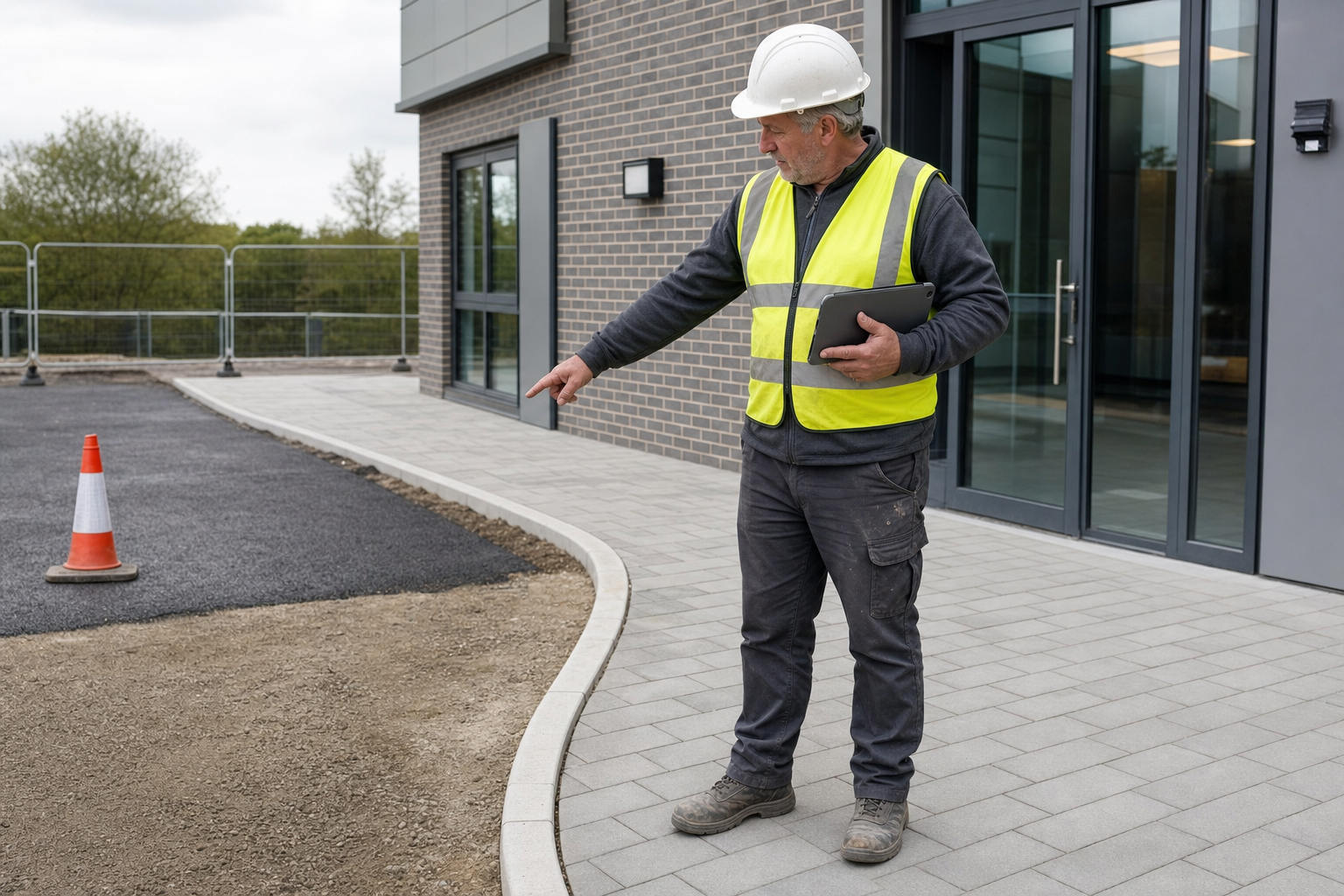 Construction worker in a high-vis jacket and hard hat points at a section of paving near an office building.