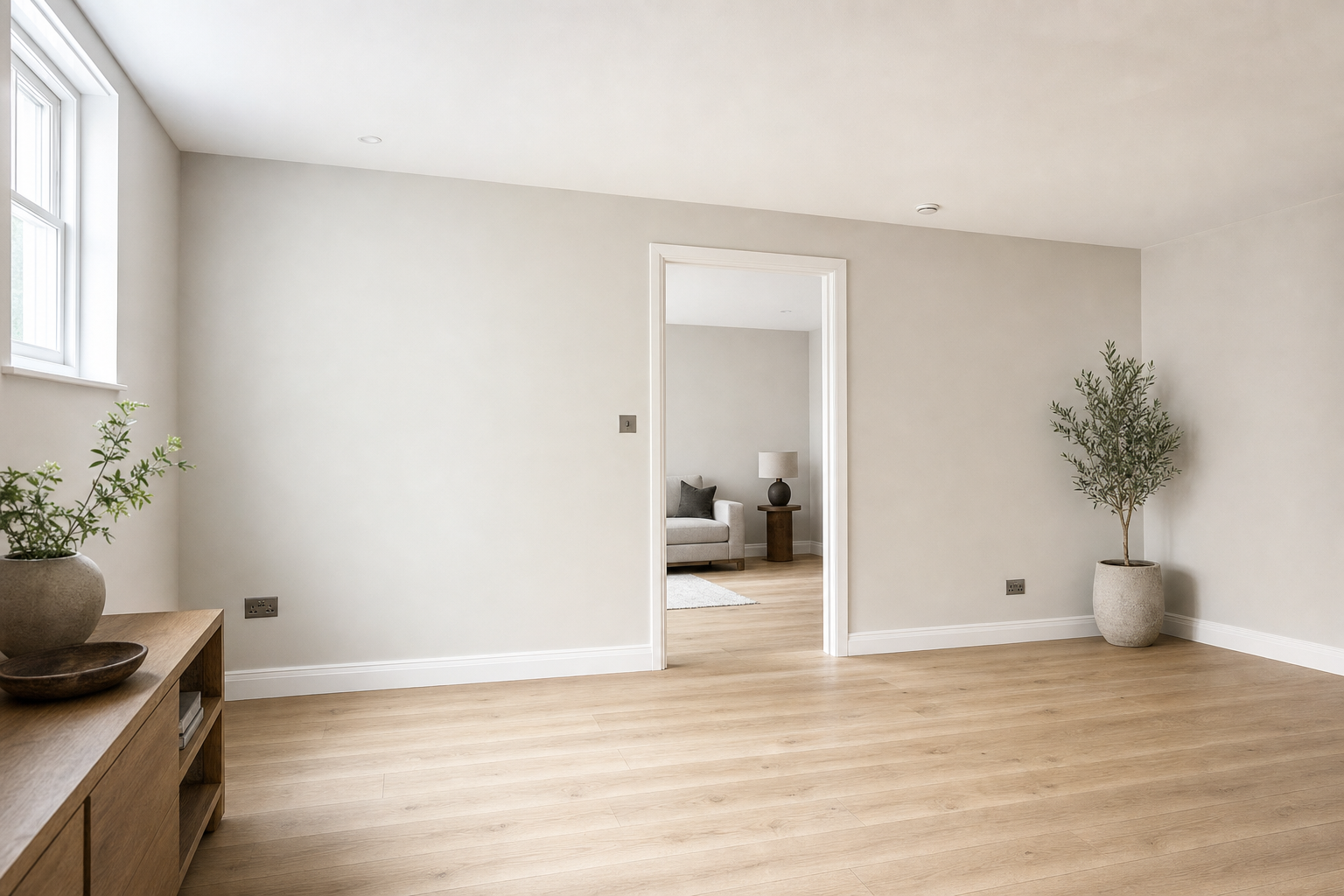 Modern minimalist room with wooden flooring, potted plants, and a view of a sofa through an open doorway.