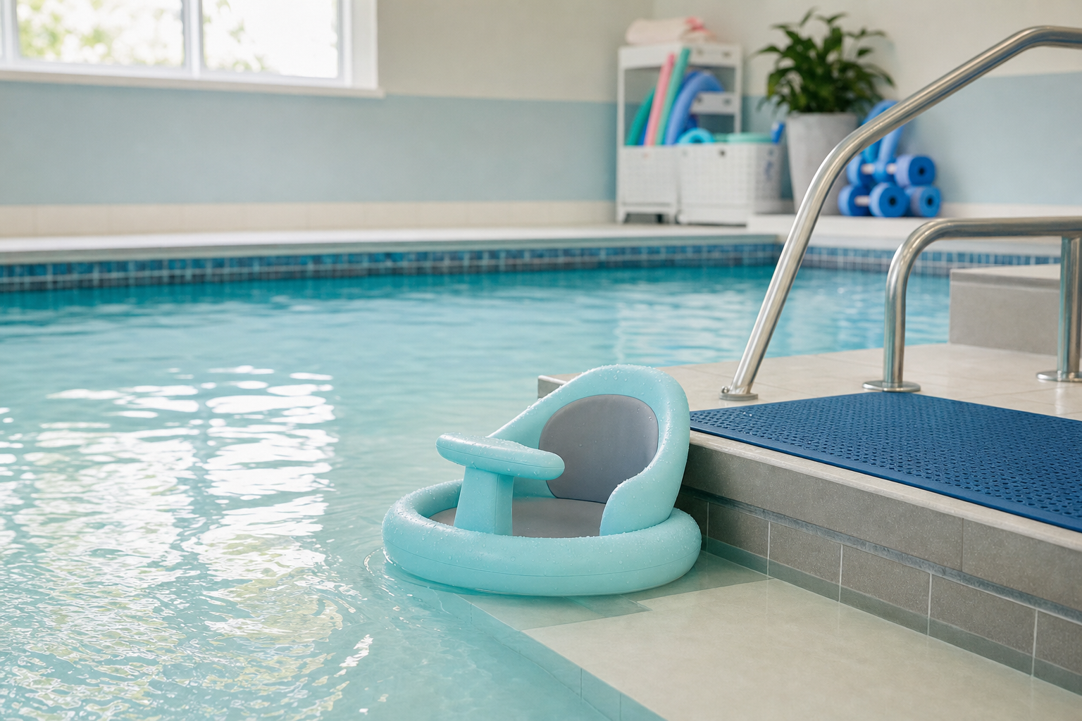 A blue inflatable baby seat floats in a calm indoor swimming pool next to metal steps.
