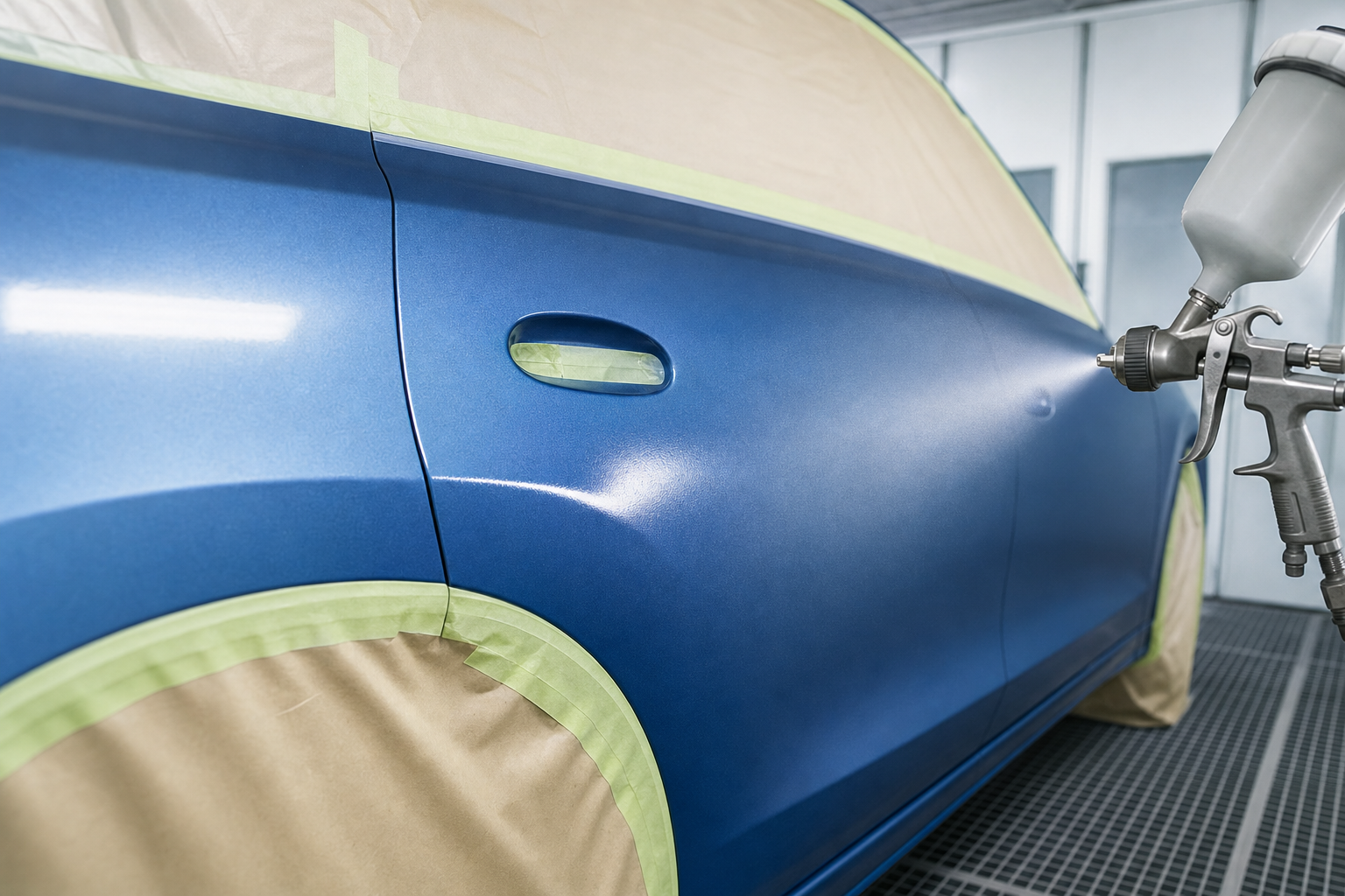 A blue car is being spray-painted in a workshop, with areas masked for protection.
