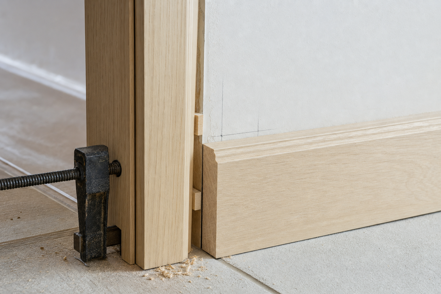 Wooden doorframe installation with a clamp and wood shavings on the floor.