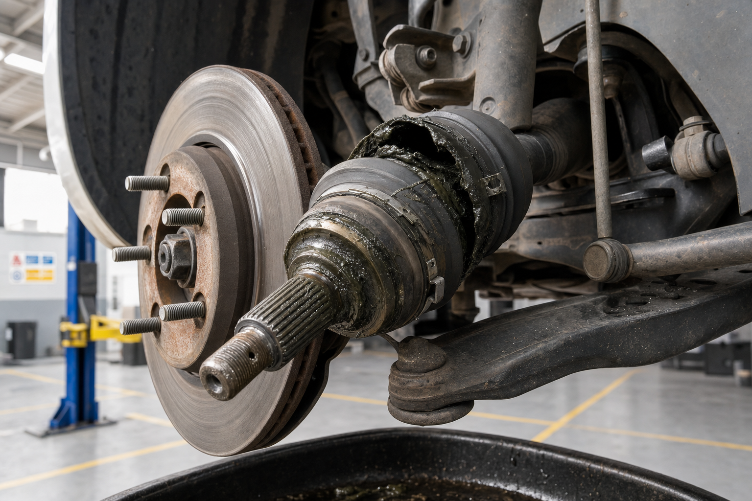 A damaged car CV joint with exposed grease and a brake disc in a workshop setting.