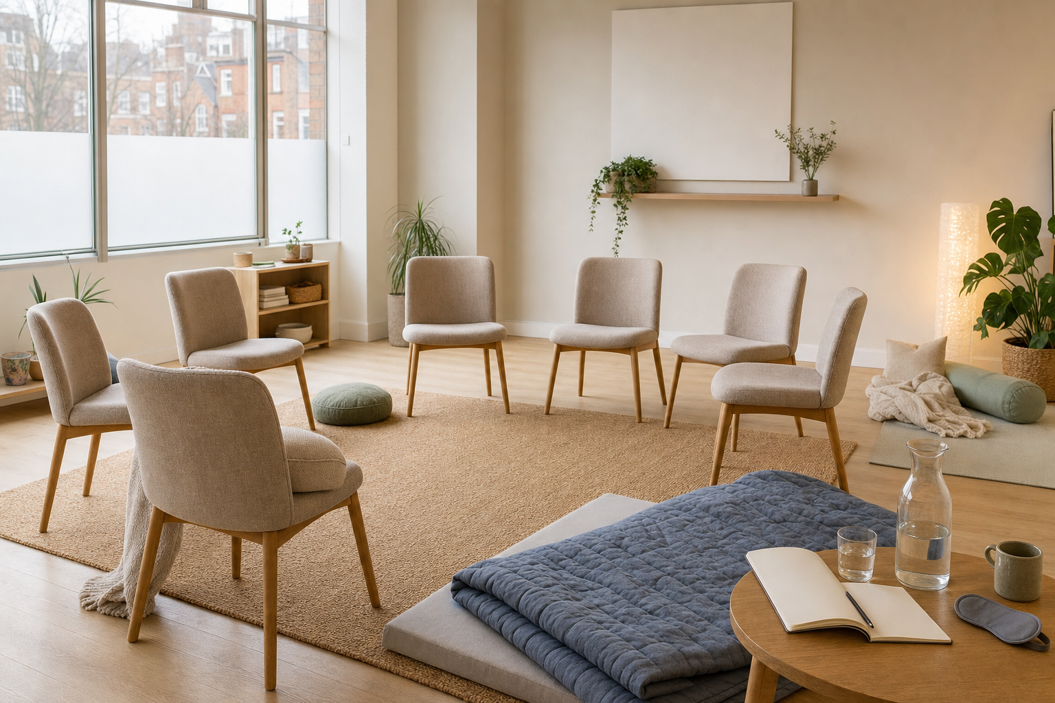 A tranquil room with beige chairs arranged in a circle, plants, and soft lighting, suggesting a peaceful meeting space.