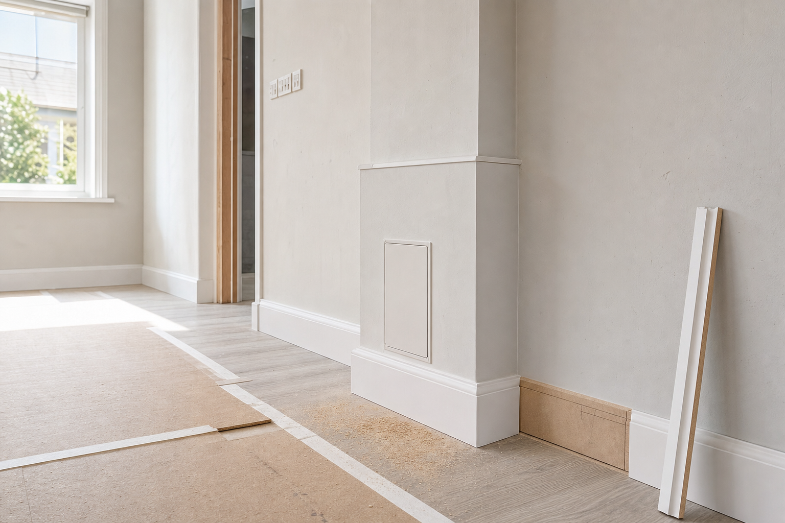 A room under renovation with new skirting boards and a partially installed wooden floor.