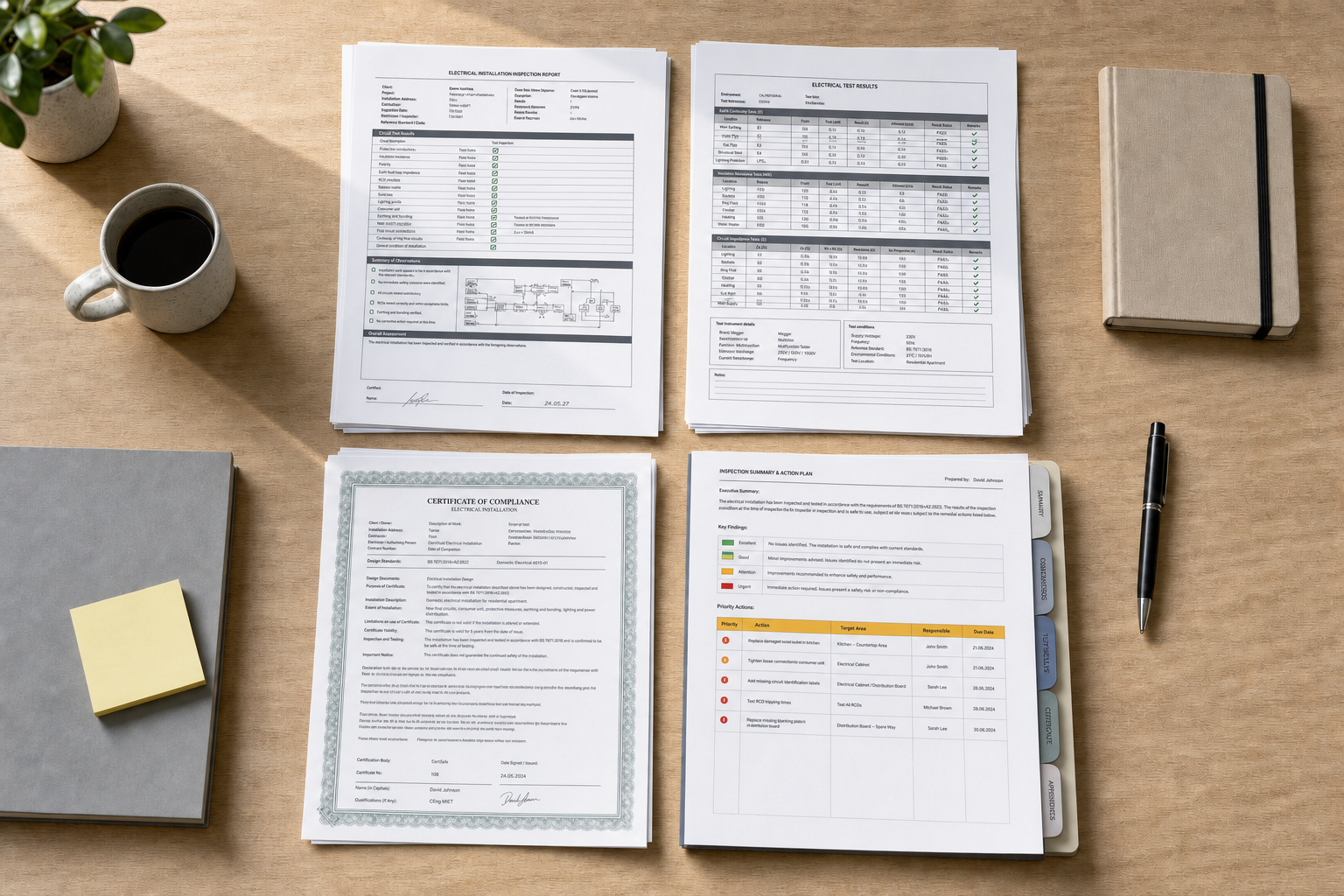 A desk with documents, a notebook, a pen, a coffee cup, and a folder with sticky notes arranged neatly.