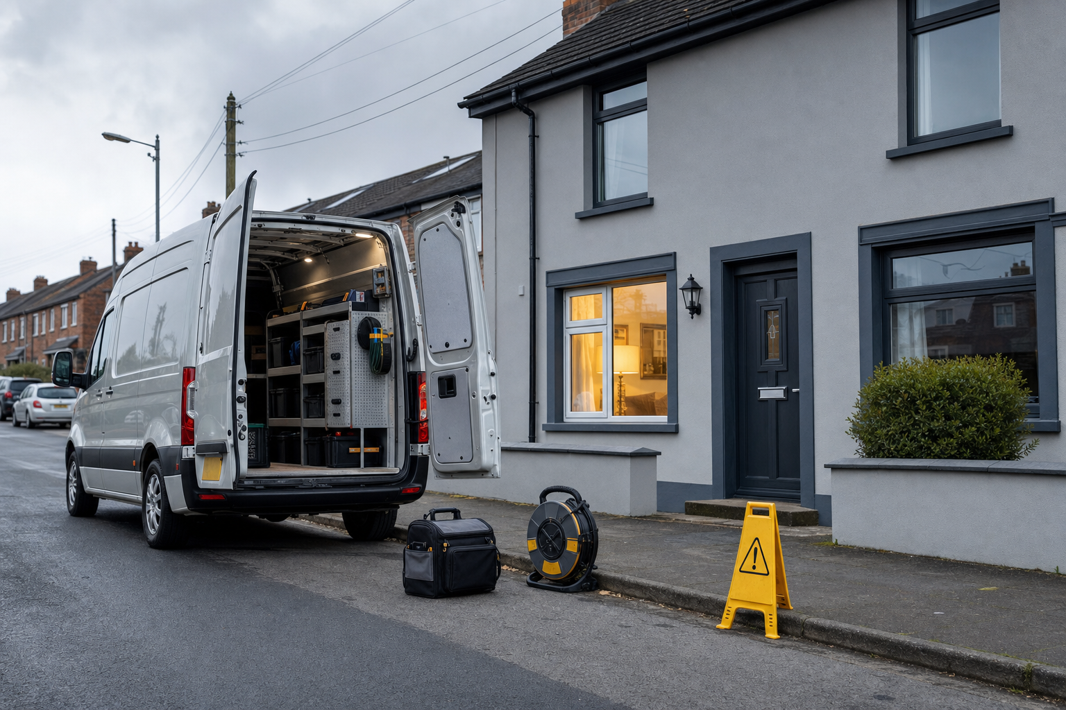 A work van with rear doors open is parked on a residential street, with tools and a safety sign nearby on the pavement.