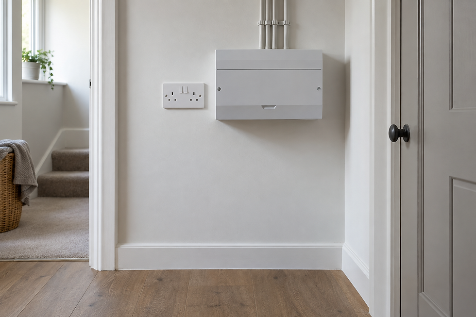 A hallway features a fuse box and electrical socket with carpeted stairs and wicker basket in the background.