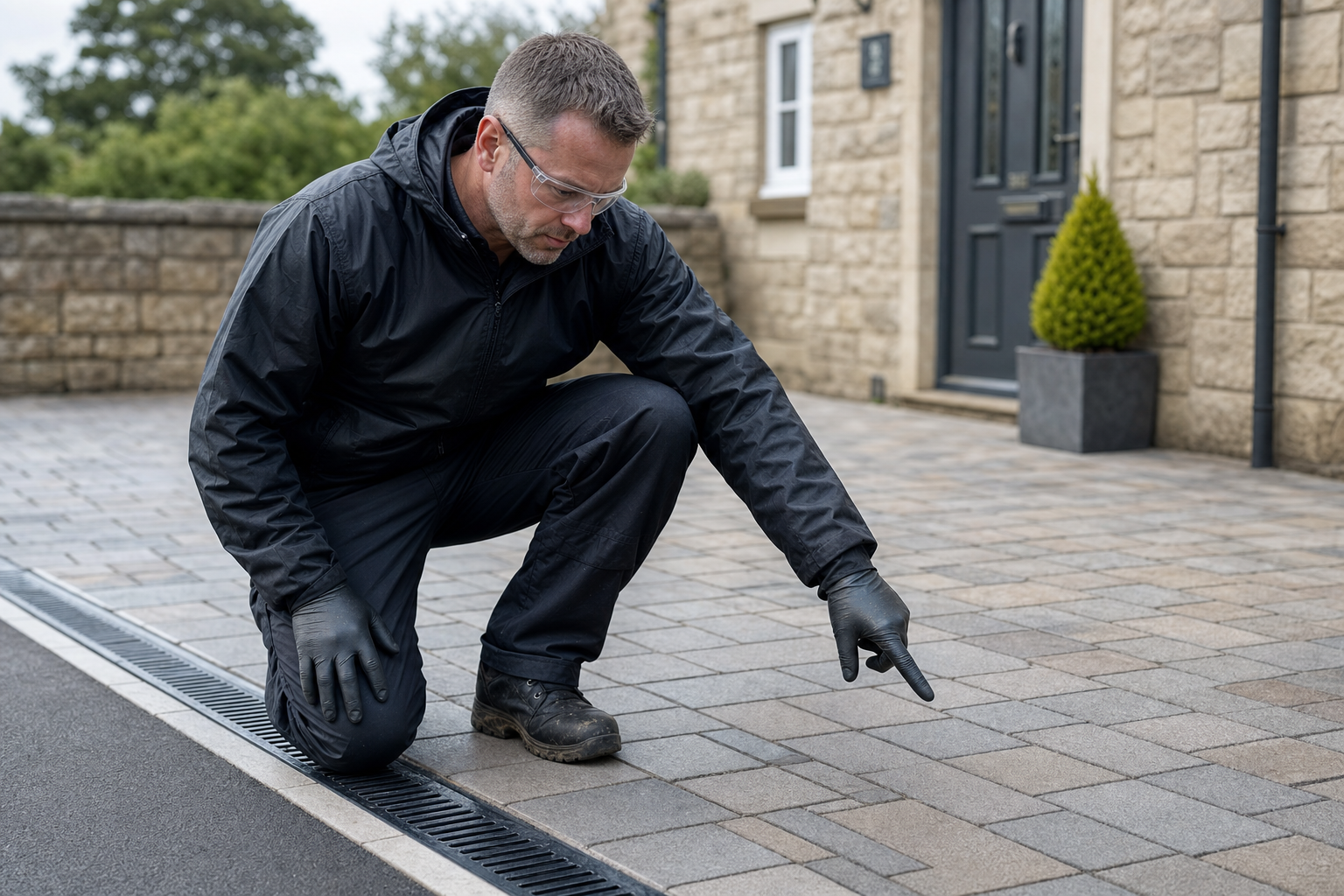 Man in protective gear inspecting paving stones on a driveway outside a stone building.