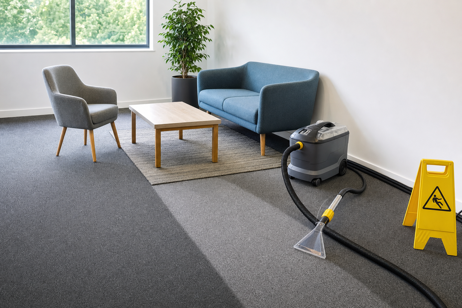 Clean office lounge with modern furniture, a carpet cleaning machine, and a caution wet floor sign.