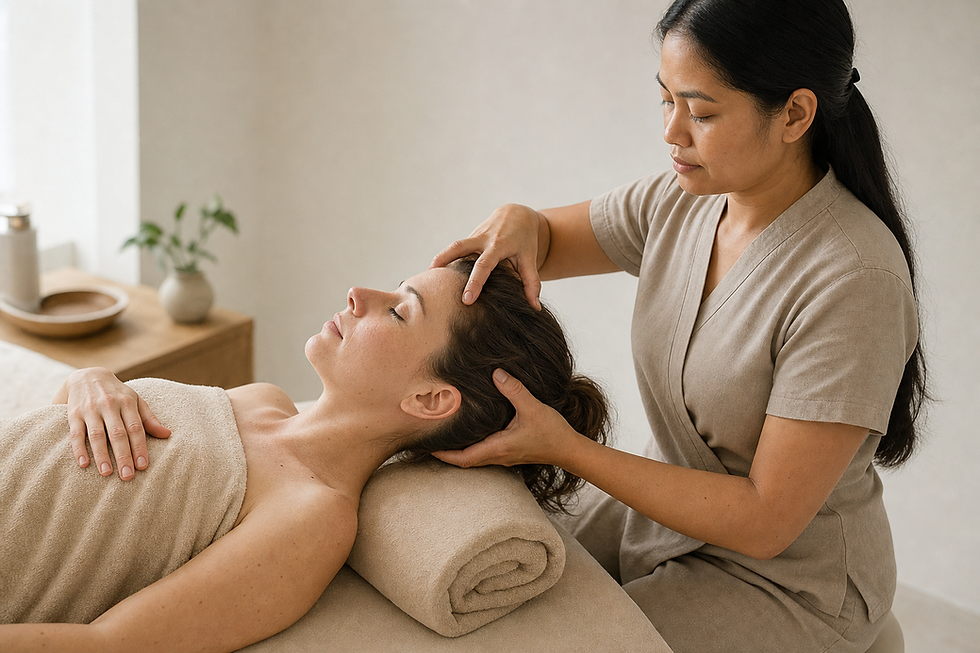 A woman receives a relaxing head massage in a serene spa setting.