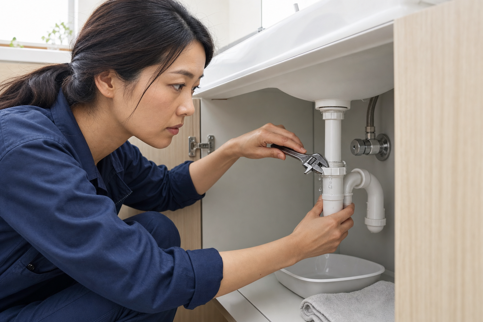 A woman in blue overalls fixes a leaking sink pipe with a wrench, focusing intently on her task.