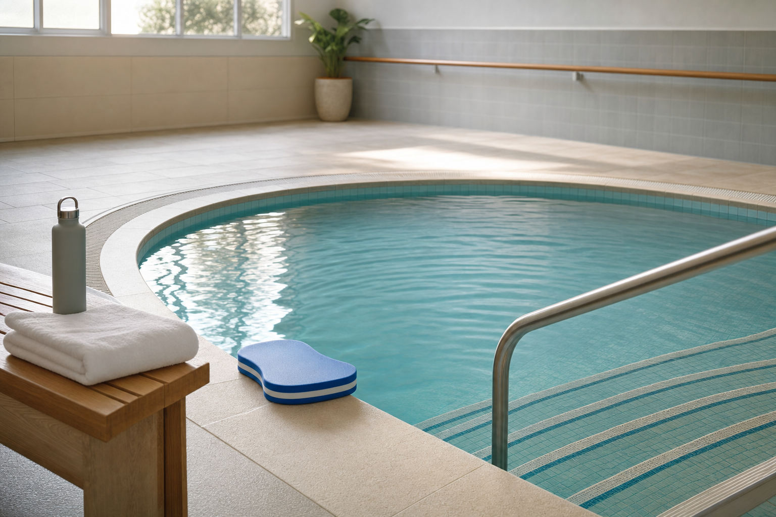 Indoor swimming pool with steps, a railing, and a bench with a water bottle, towels, and a swim float nearby.