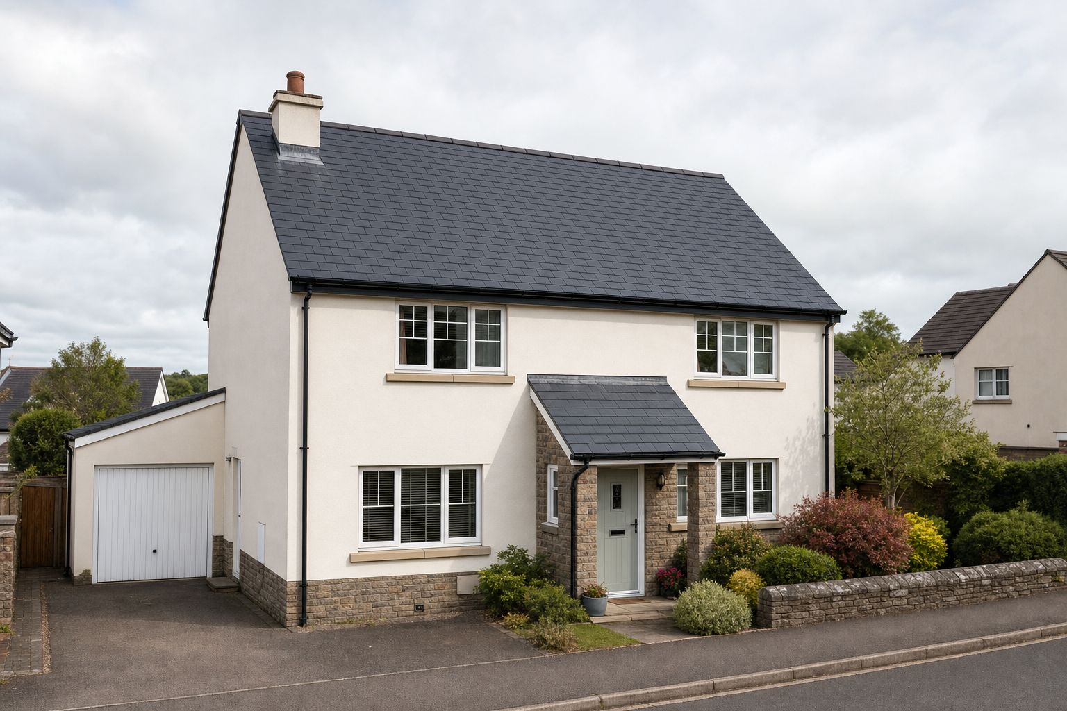 A two-storey detached house with a white exterior, dark slate roof, and attached garage set against a cloudy sky.