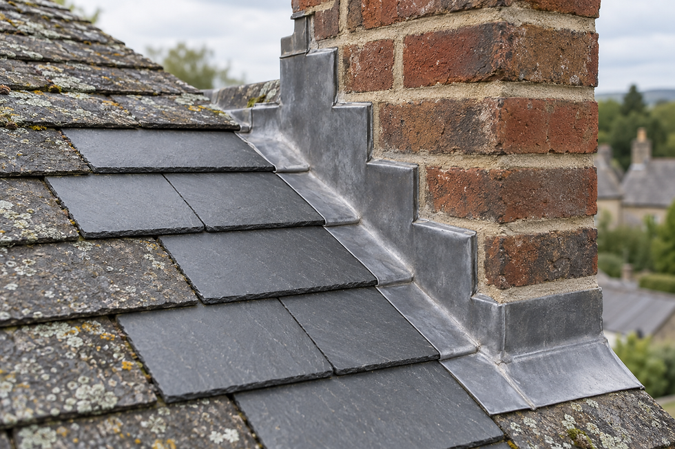 A slate roof with a red brick chimney and lead flashing steps on an overcast day.