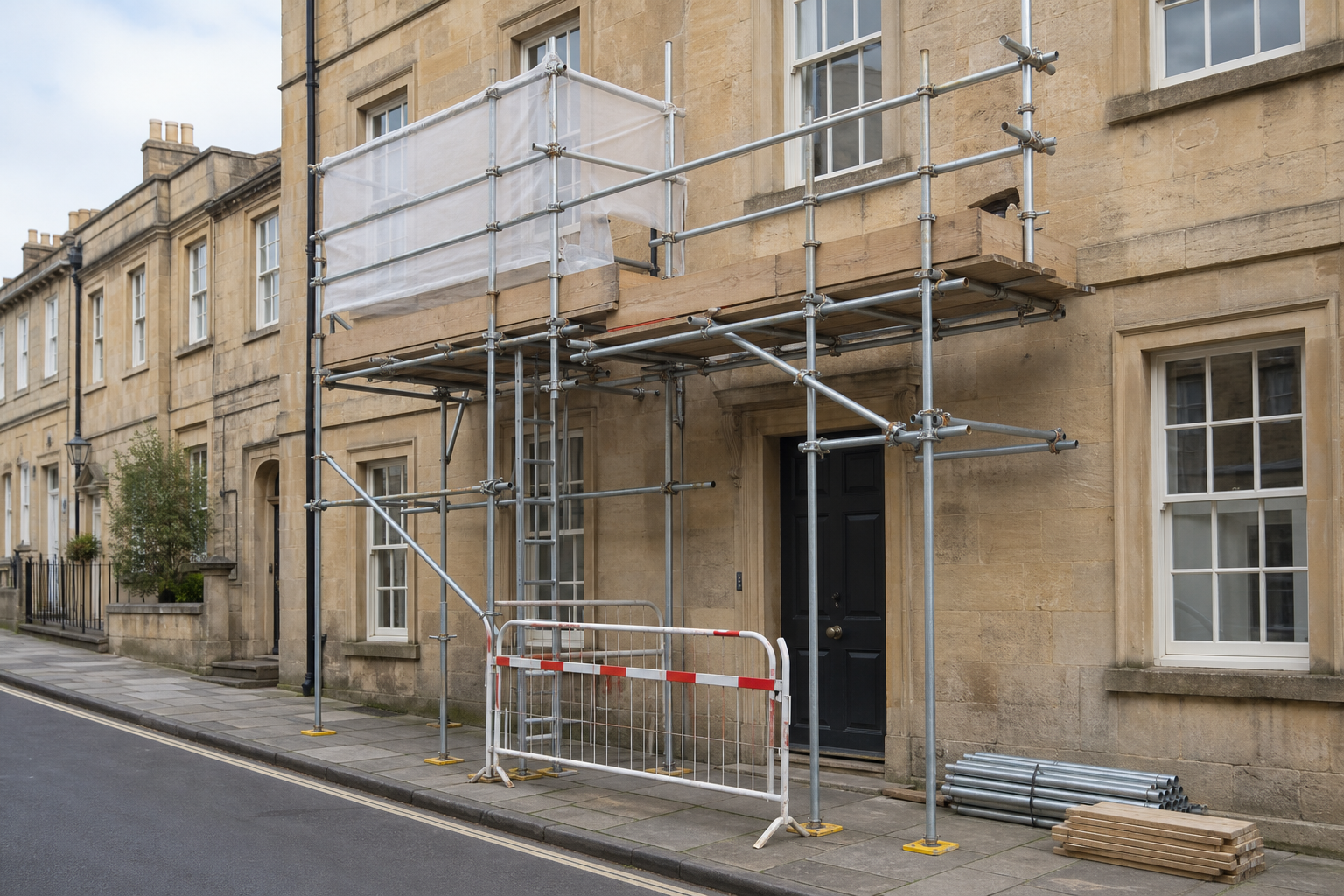 Scaffolding set up outside a historic stone building on a quiet street.