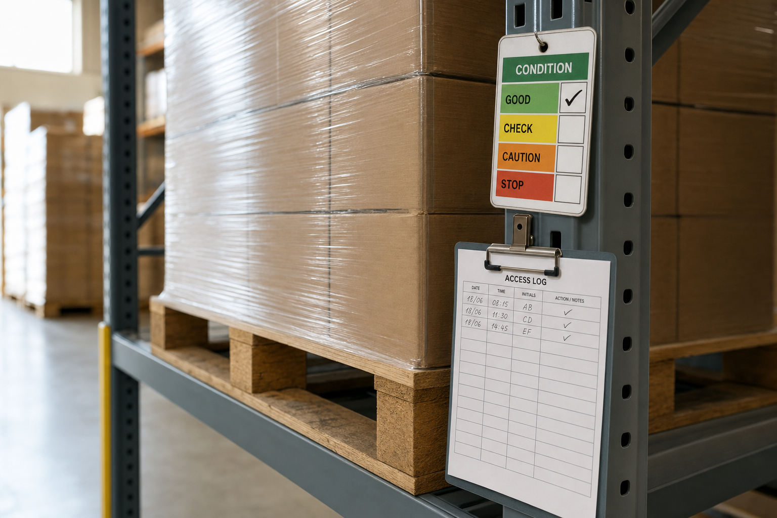Warehouse shelf with a stack of packages on a pallet, condition checklist marked "Good" and an access log attached.
