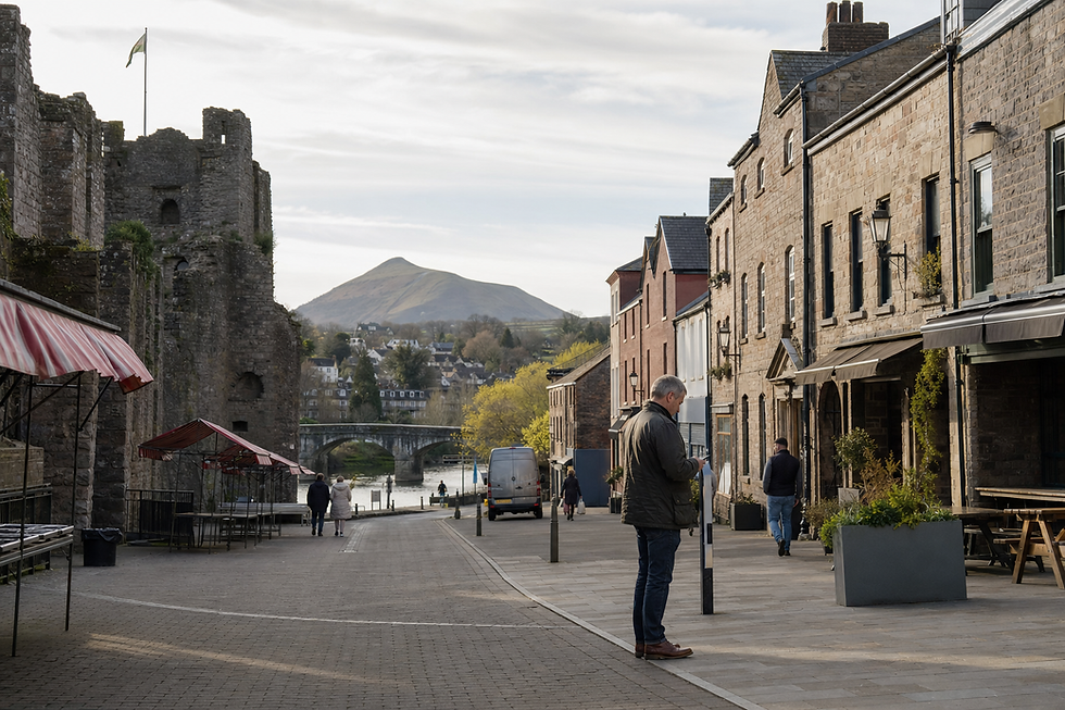 A quaint street with people walking and a castle ruin on the left, set against a backdrop of a hill and river.