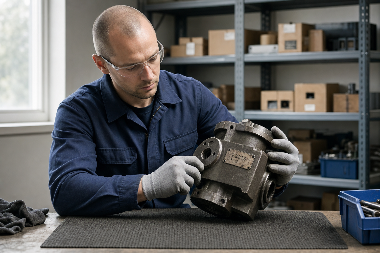 Engineer in blue overalls inspects a large metal component at a workbench in a workshop.